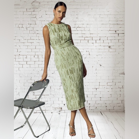 MAC DUGGAL Dress Size 14 Cocktail Gown Sequin Green Beaded Midi Sage Green NEW - Picture 12 of 15